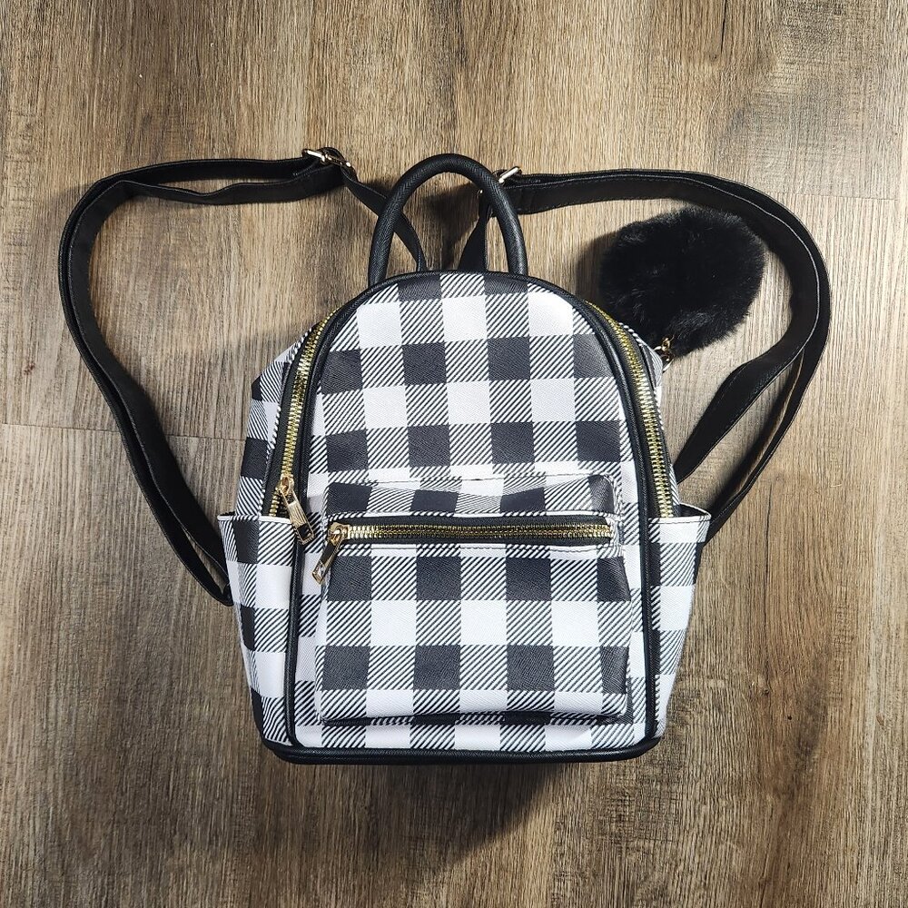 🖤🤍Like Dreams Gingham Plaid Mini Backpack with Pom-Pom